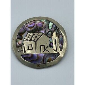 Vintage Hecho En Mexico Abalone Handmade Inlay Carved Round Pendant Brooch